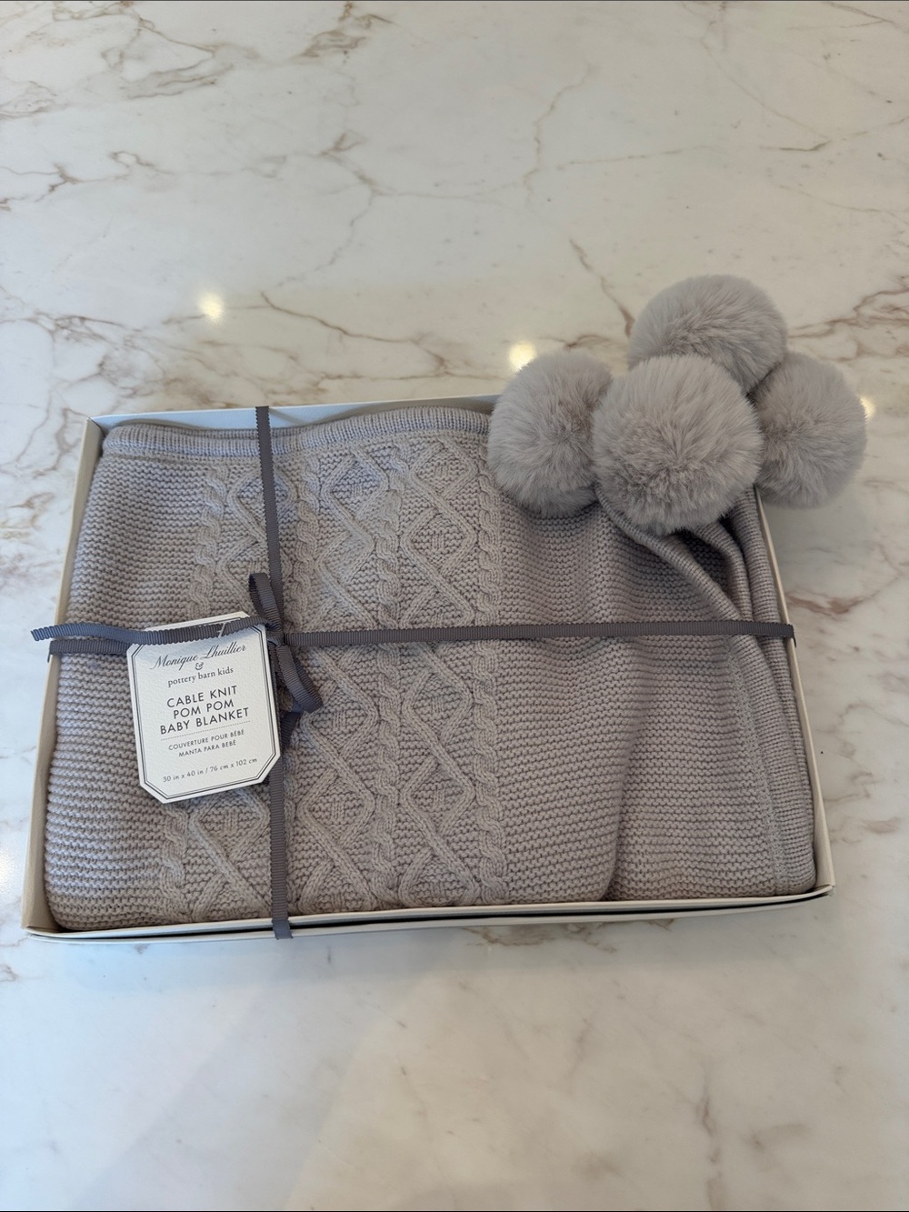 NWT Pottery Barn Kids x Monique Lhuillier Cable Knit Pom Pom Baby Blanket